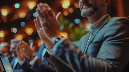 Close-up of a business audience clapping hands at a conference, showing appreciation and agreement.