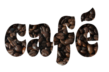 Digital composite illustration. ..The French word “café” with an overlay of coffee beans. ..caffeine, drink, beverage, cafe
