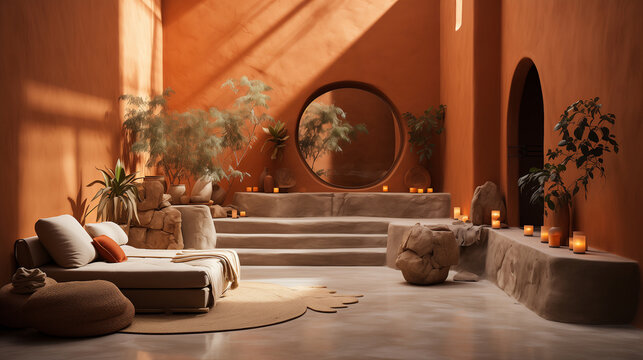 Local style bathroom with blank orange wall 3d render,