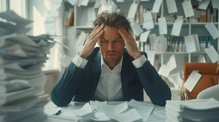 A businessman stressed by an excessive amount of paperwork, symbolizing work overload and corporate pressure.