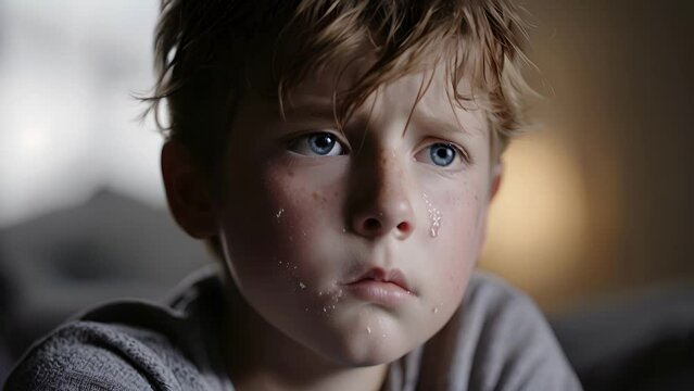 A young boy with tears in his eyes and a worried expression, Young Boy With Sprinkles on His Face
