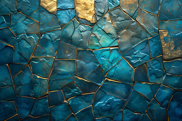 blue art wallpaper with a gold tile background, in the style of glass fragments art, high detailed, cracked, dark turquoise and light bronze, shaped canvas, mosaic-like, - obrazy, fototapety, plakaty