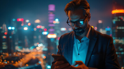 Businessman using smartphone with illuminated night city skyline in background. Modern lifestyle and technology concept. Design for corporate banner, advertisement - obrazy, fototapety, plakaty