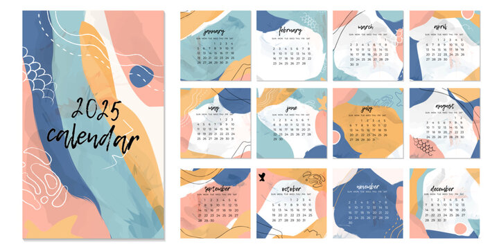 2025 Trendy modern square calendar design for business. Cute printable creative template with abstract elements for 12 months. Abstract background in trendy colors.