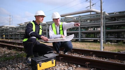 Engineer under inspection and checking construction process railway switch and checking work on railroad station .Engineer wearing safety uniform and safety helmet in work.