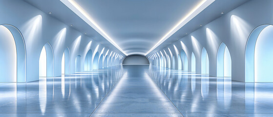 Sleek modern corridor with a minimalist design, highlighted by blue lighting and a sense of...
