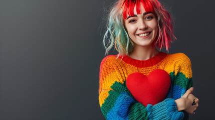 Lesbian woman laughing cheerfully during pride month. celebrating gay pride against a studio background. wearing a top with LGBTQ+ rainbow colours.