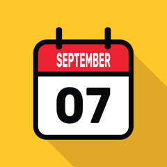 September 7. Calendar icon. Flat vector illustration with long shadow.