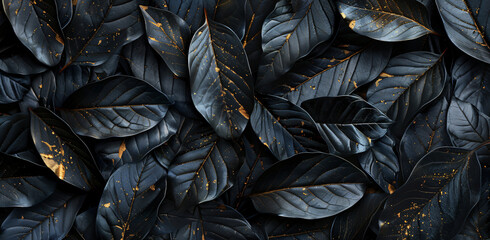 bronze and gold leaves on black background, in the style of photorealistic art, exotic, dark gray and light gray