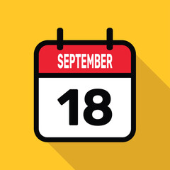 September 18. Calendar icon. Flat vector illustration with long shadow.