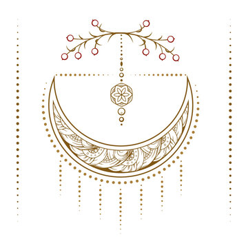 Golden crescent moon temporary tattoo. Ethnic style vector graphic.