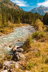 Fototapeta na wymiar Alpine autumn or indian summer landscape shot with a mountain stream at Grosser Ahornboden, large maple grove, Hinterriss, Schwaz, Tyrol, Austria