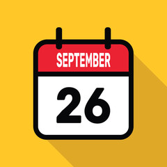 September 26. Calendar icon. Flat vector illustration with long shadow.