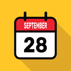September 28. Calendar icon. Flat vector illustration with long shadow.