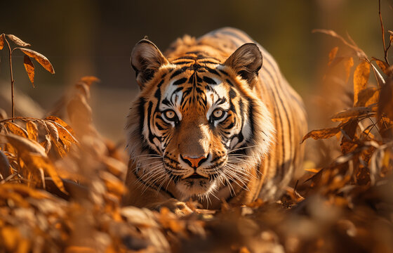 A toger looking into camera, wild life photography, ready to hunt, royal animal, king of jungle