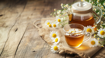 Obraz na płótnie Canvas Cup of chamomile tea and teapot