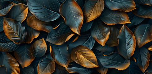this is a golden leaf and black background design, in the style of dark gray and aquamarine, highly realistic, realistic color schemes, repetitive, exotic, nature-inspired - obrazy, fototapety, plakaty