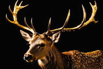 Portrait made in golden sparks in deer shape on black background