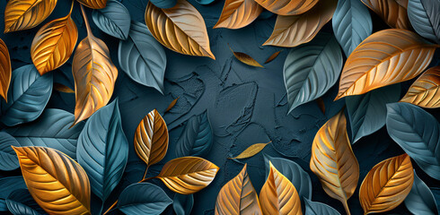 this is a golden leaf and black background design, in the style of dark gray and aquamarine, highly...