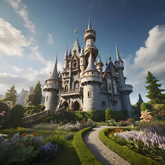 Fototapeta na wymiar A fairy tale castle with towering spires.