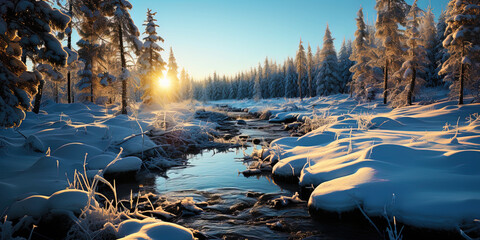 The frozen river, decorated with an emerald ice veil, like a winter fairy tale, which stopped in - obrazy, fototapety, plakaty