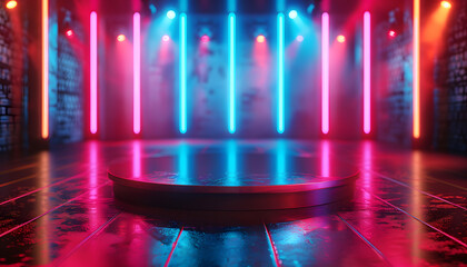 Empty round podium with neon lighting in a dark room. Modern showcase with pink and blue lights. Design for product display, advertisement, presentation