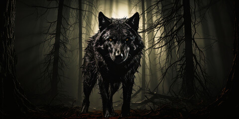 The shadow of a wolf, rising in front of the moon, like an ancient symbol of natural freedom and