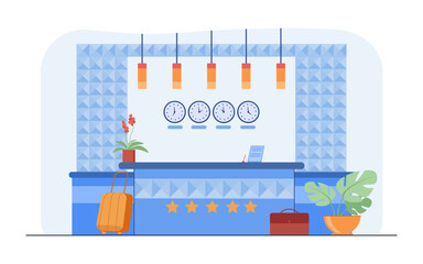 Five star hotel reception vector illustration. Suitcase and briefcase near reception desk. Clocks with world time. Hotel, travel, tourist accommodation concept