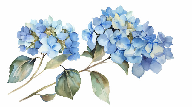horizontal border with blue hydrangea flowers on white background.
