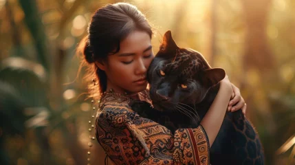 Schilderijen op glas Portrait of the black panther, with woman wild cat hugs young girl. Wildlife protection concept © Nataliya