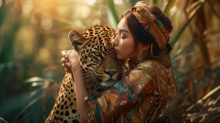 Tuinposter Portrait of the black panther, with woman wild cat hugs young girl. Wildlife protection concept © Nataliya