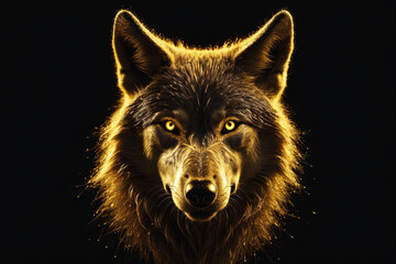 Portrait made of golden sparks in wolf shape on black background 