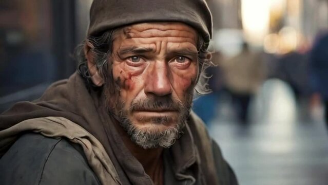 Amidst the hustle of a busy city street, a homeless man's face bears the marks of hardship and resilience. His eyes, reflecting the indifference of passersby, hold a silent plea for empathy 