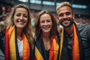 A group of 3 fans, two girls and a boy of about 35 years old in a stadium cheering on the German team - obrazy, fototapety, plakaty