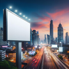 Blank advertising billboard LCD advertisement with modern city and nice sky in evening time background