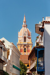 Obraz premium Beautiful building in historic city Cartagena de Indias with beautiful colonial architecture. The one of most beautiful town in Caribbean Coast Region, Colombia.