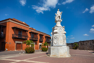 Monumento Cristobal Colon in historic city Cartagena de Indias with beautiful colonial...