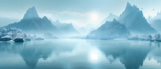 Serene Lake at Dawn, Misty Mountain Landscape, Tranquil Nature Scenery, Reflection and Wilderness Adventure