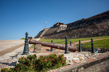 Canon in Castillo San Felipe de Barajas, fortress in the strategic location of Cartagena de Indias city on the Caribbean coast of Colombia. - 742472412