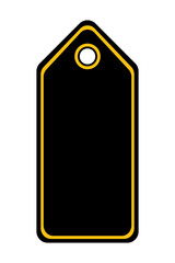 Black label with yellow elements. Discount, price tag, pentagonal shape, empty, space for your text, sale, shopping, store, boutique, place, blank, sell, purchase, buy, buyer, customer. Vector