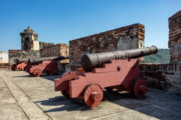 Canon in Castillo San Felipe de Barajas, fortress in the strategic location of Cartagena de Indias city on the Caribbean coast of Colombia. - 742472460