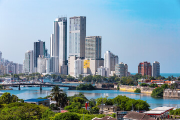 Urban skyline of Cartagena de Indias city on the Caribbean coast of Colombia. View from fortress San Felipe de Barajas Fort.