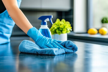 Cleaning home table sanitizing kitchen table surface with disinfectant spray bottle washing surfaces with towel and gloves.