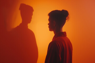 Young man looking at his shadow in a misty orange room