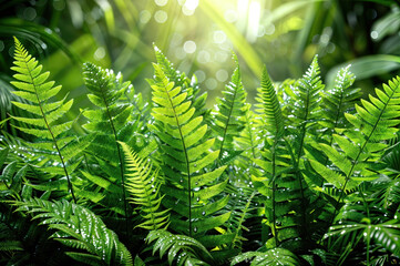 Lush green ferns with drops of water. Capturing the refreshing beauty of nature botanical symphony, where verdant foliage and glistening dewdrops create an enchanting tapestry of greenery and life