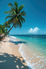 Tropical Beach Bliss: A stunning seascape with palm trees lining the sandy coast, waves gently kissing the shore, and a clear blue sky, creating a picturesque tropical paradise