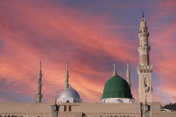 A mosque with a green dome . Masjid nabi of Medina. Green dome.