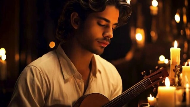 In the flickering glow of a candlelit room, a musician's face is a symphony of passion and melancholy. With every chord, emotions cascade, revealing the untold stories hidden within the notes.