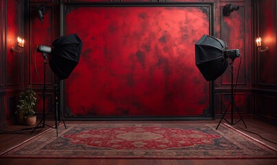 Photo studio with softboxes and red background.