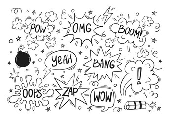Hand drawn set of comics bombs and explosions in doodle style. Speech bubbles with words pow, wow, bang and omg. Vector illustration